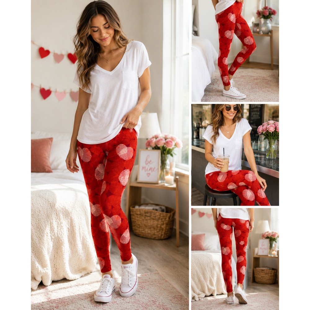 Valentine Heart Print Leggings Red Pink Love Core Cozy Stretch Pants OS